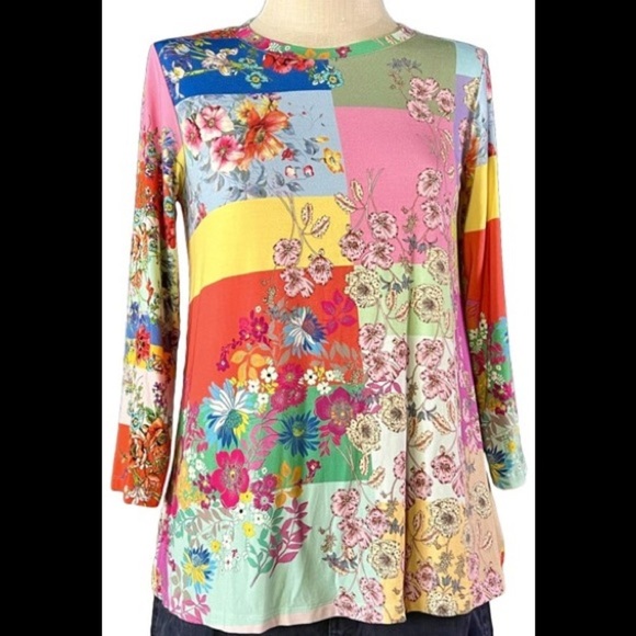 NWT Johnny Was Patchwork Tunic Floral Motif Pink & Yellow Large - Picture 5 of 13